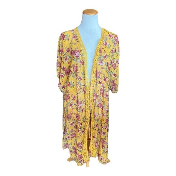 Womens Derek Heart Floral Print Lace Trim Duster Chiffon Kimono Poncho - Sz L - Picture 2 of 3